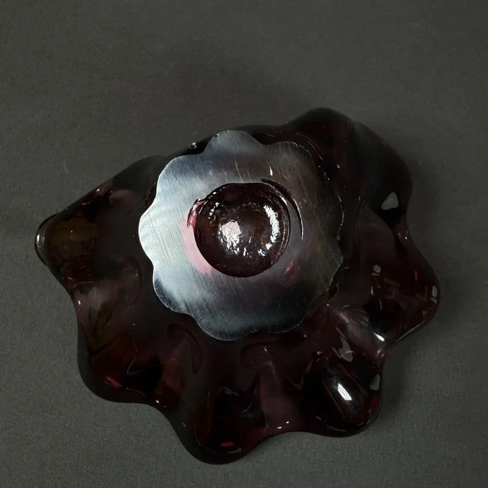 Vintage Dark Amethyst Glass Decorative Bowl with Wavy Edge